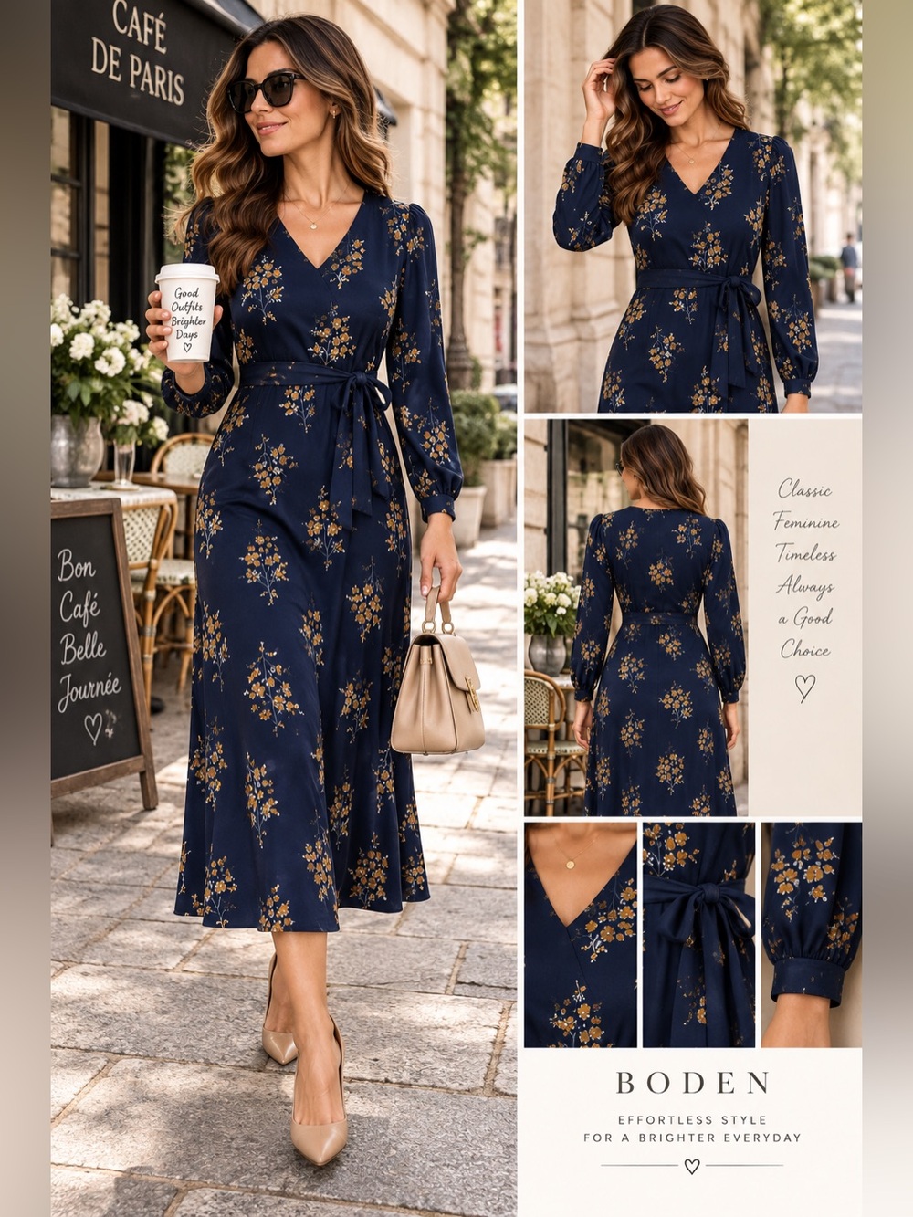 Boden Navy Floral Wrap Dress - Size 8R Long Sleeve